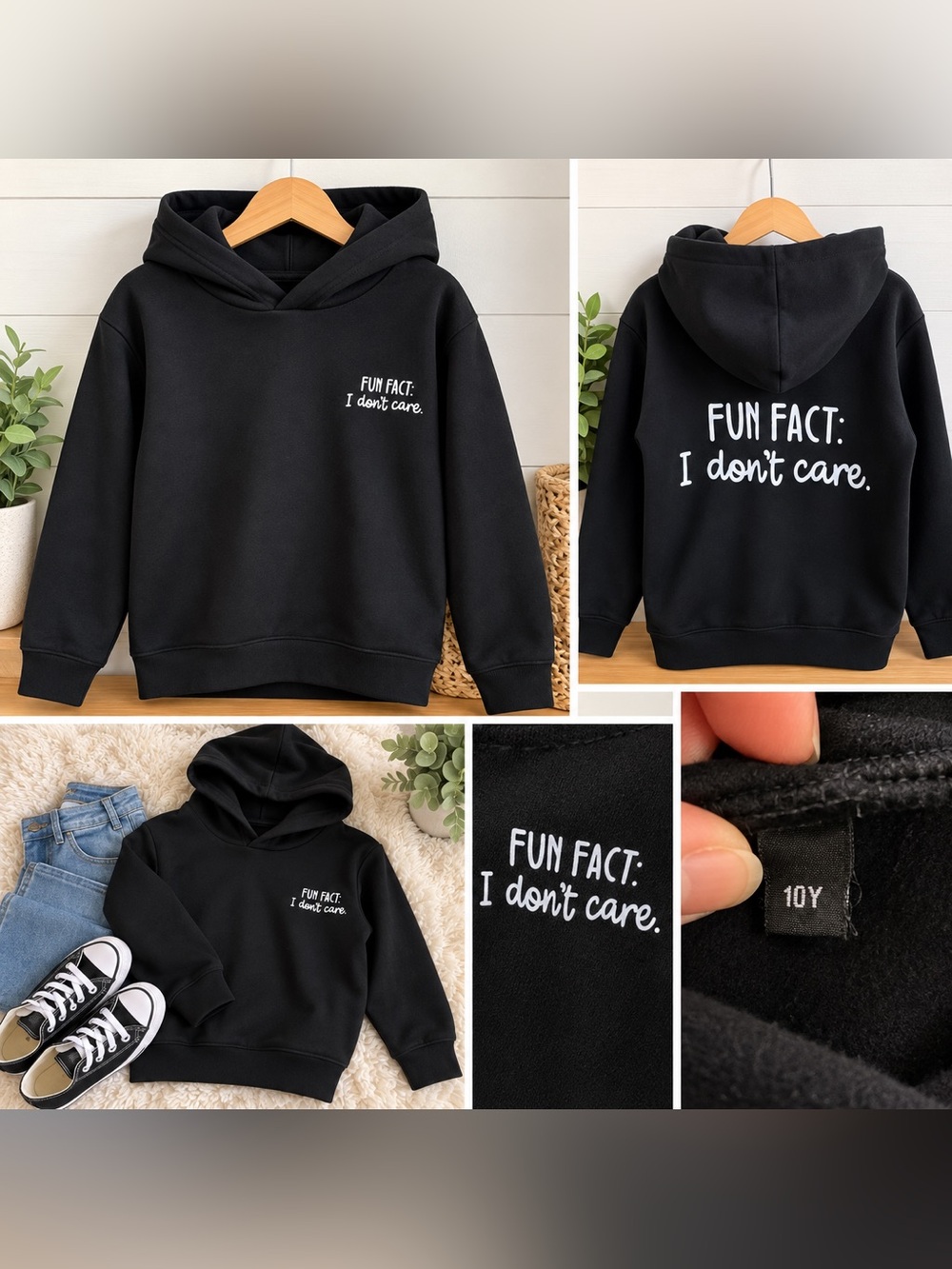 Black “Fun Fact: I Don’t Care” Hoodie – Size 10 🖤